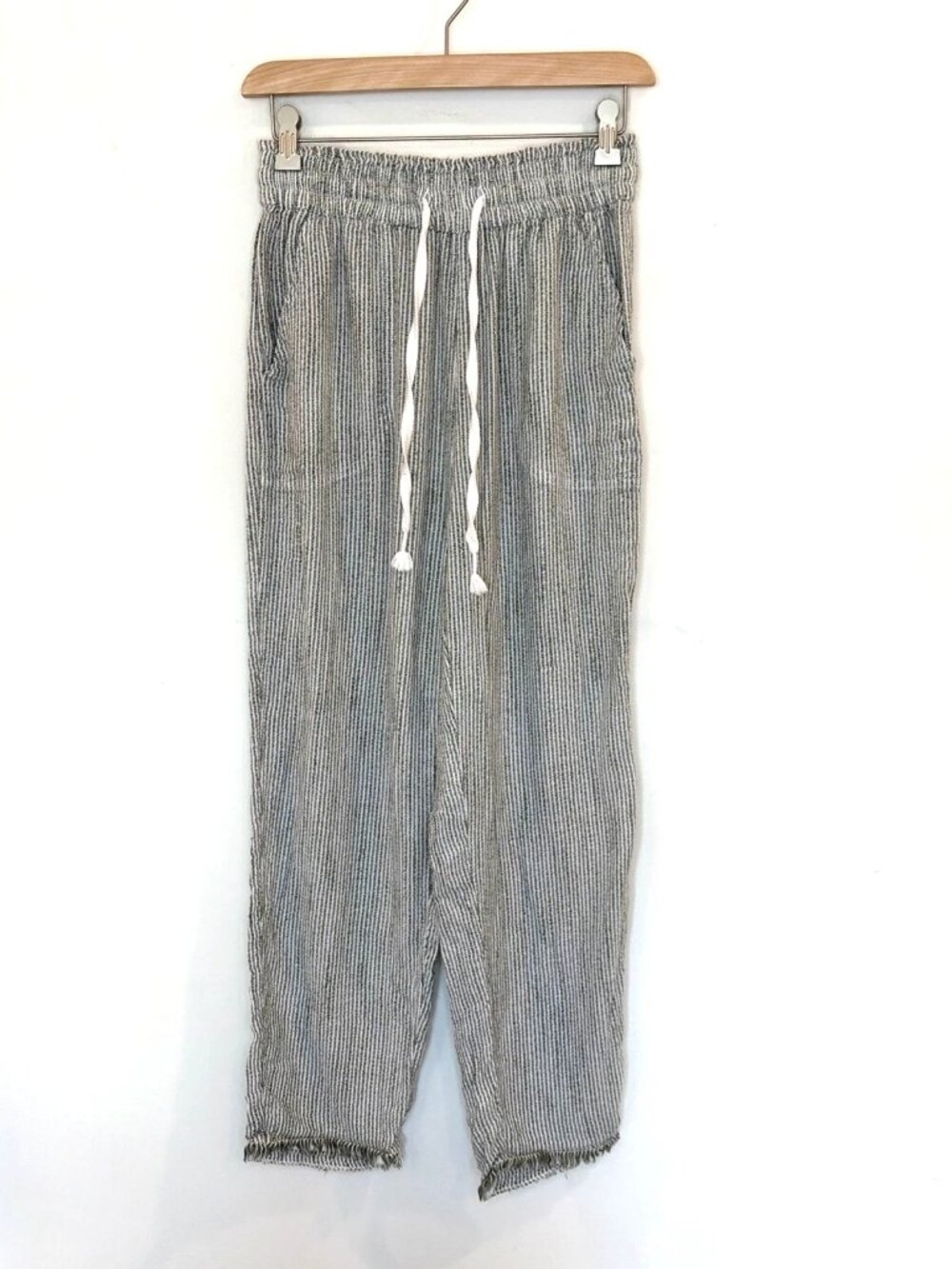 Aerie Striped Drawstring Pants Women's Sz S Gray White Fringe Hem Beach Nautical